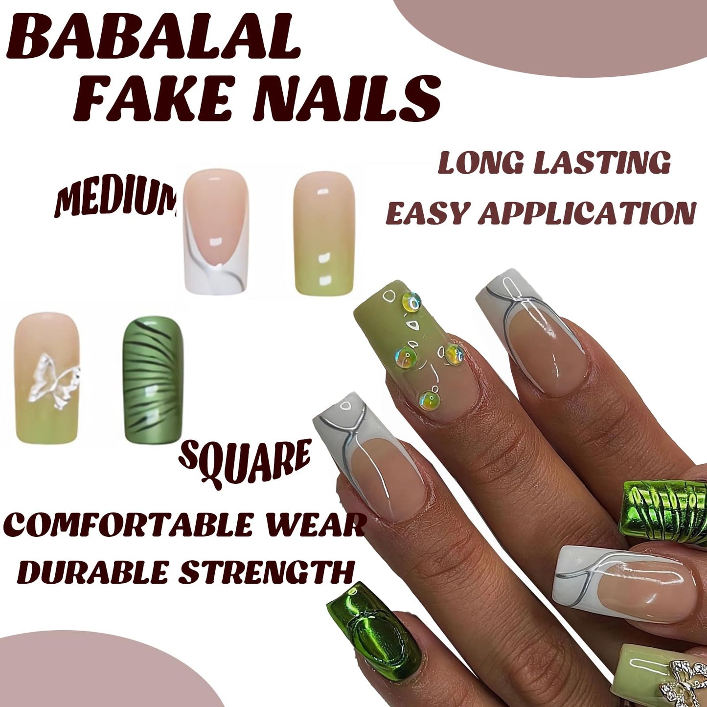 BABALAL Square Press on False Nails Medium Fake Nails Green Glue on Acrylic Nails 3D Butterfly Rhinestone French Tip 24Pcs for Women and Girls