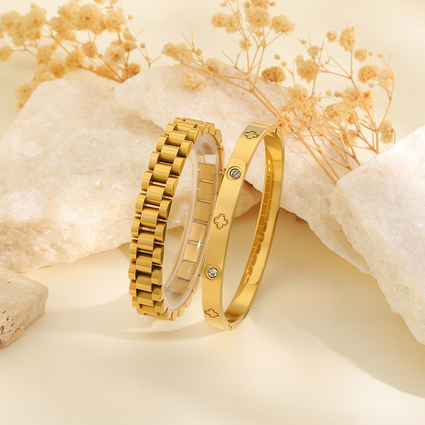 2PCS Gold Chain Link Watch Bracelet Set,18K Gold Plated Stackable Bracelets for Women,Stainless Steel Jewelry with Adjustable Tool, Non-Tarnish Friendship Love Bracelet Gift for Her. (2pcs-C Gold)
