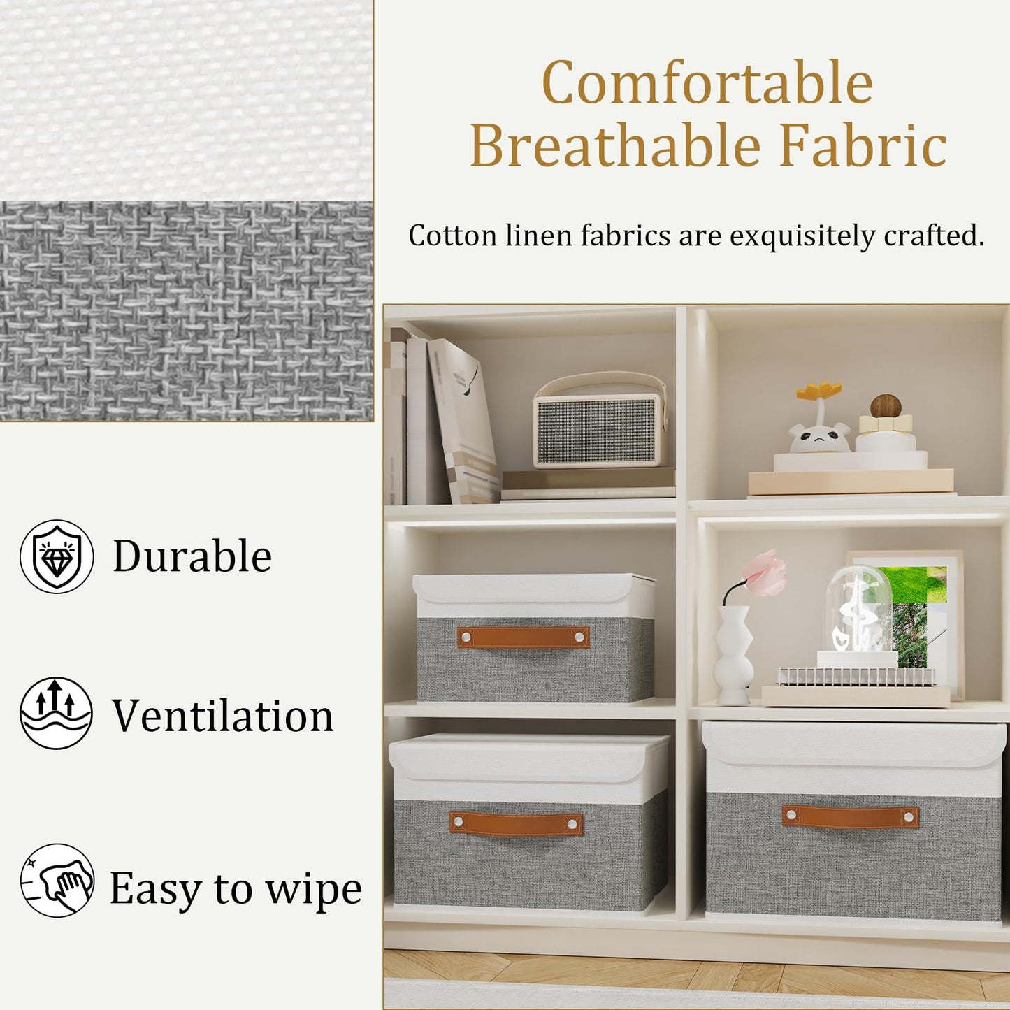 OUTBROS Large Foldable Storage Bins, Linen Fabric Box with Lid, Organiser for Shelves, Cubes For Towels, Clothes, 13 x 9.1 x 7.9 inch (White/Grey, 1-Pack)