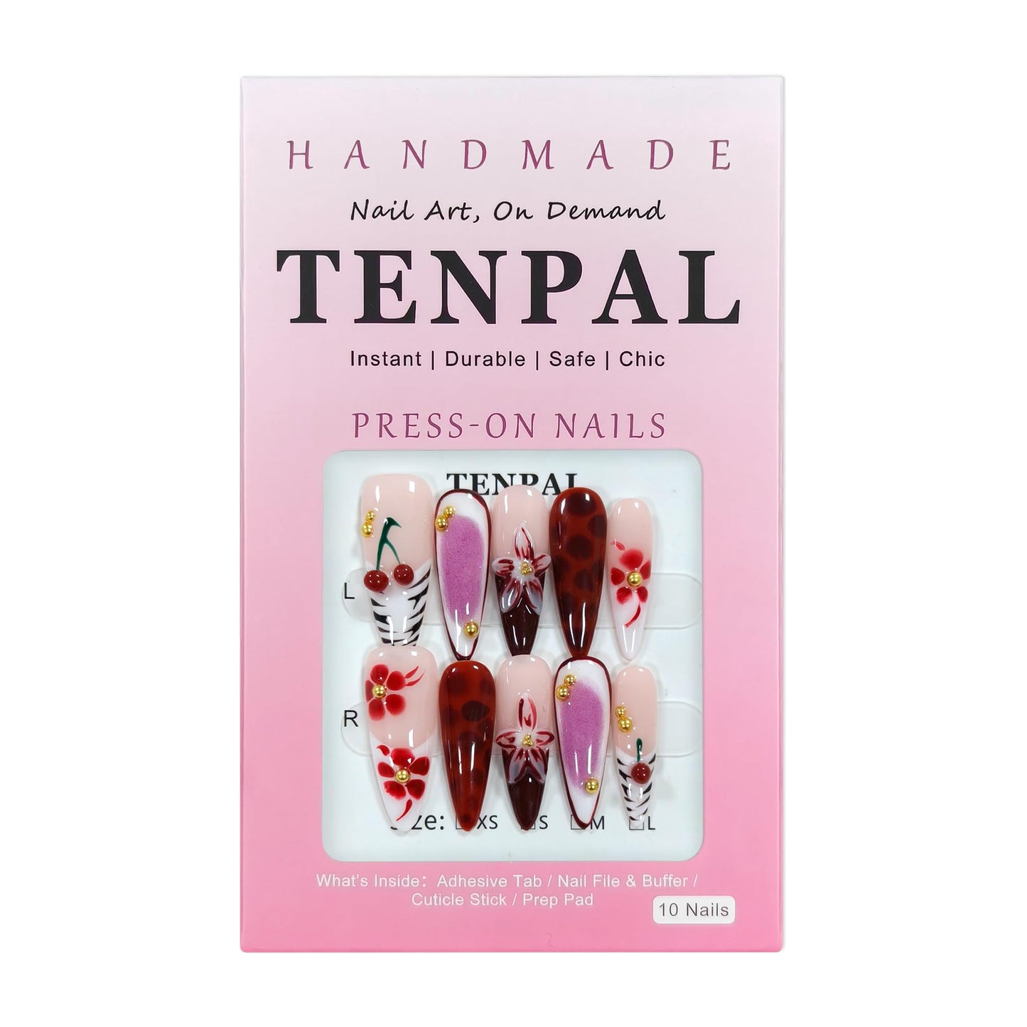 TENPAL Cherry Blush French Tips Press on Nails Long Stiletto with 3D Floral Carving, Handmade & Reusable, Soft Flattering False Nails for Everyday Wear | Sheer Cherry Style(M)
