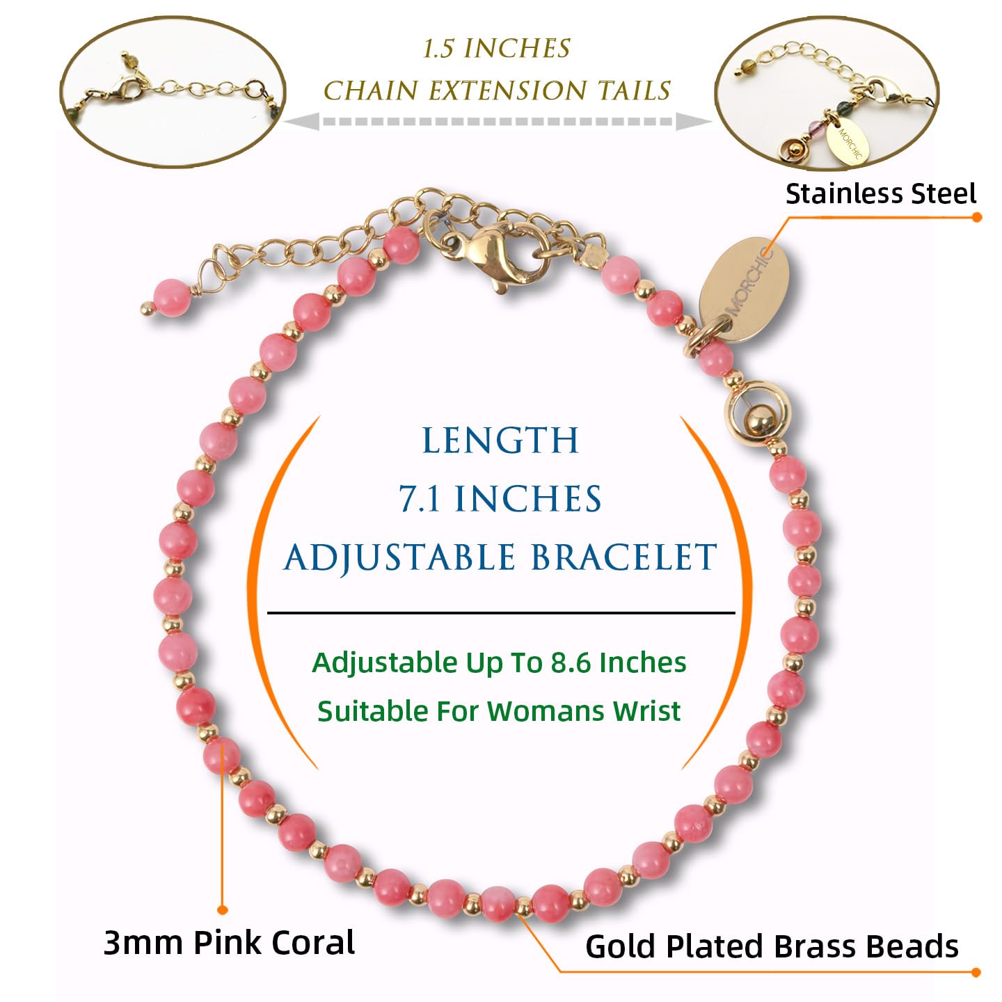 Morchic 3mm Pink Coral Natural Gemstone Beaded Bracelet for Women, Dainty Tiny Charm Jewelry, Adjustable 7.1-8.6", Ideal Birthday Holiday Gift