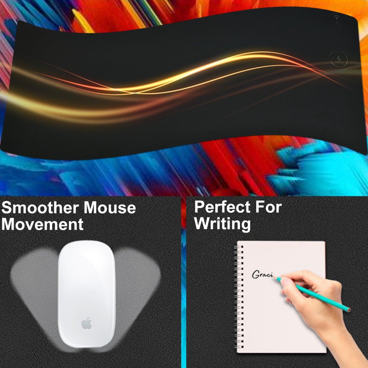 Desk Mat with Wireless Charging, Black Mouse Pad with Wireless Charger, Desk Pad Matt for Desktop, Mousepad Gaming Large Mouse Pad, Leather Compute for Keyboard and Mouse, 32" x 16"