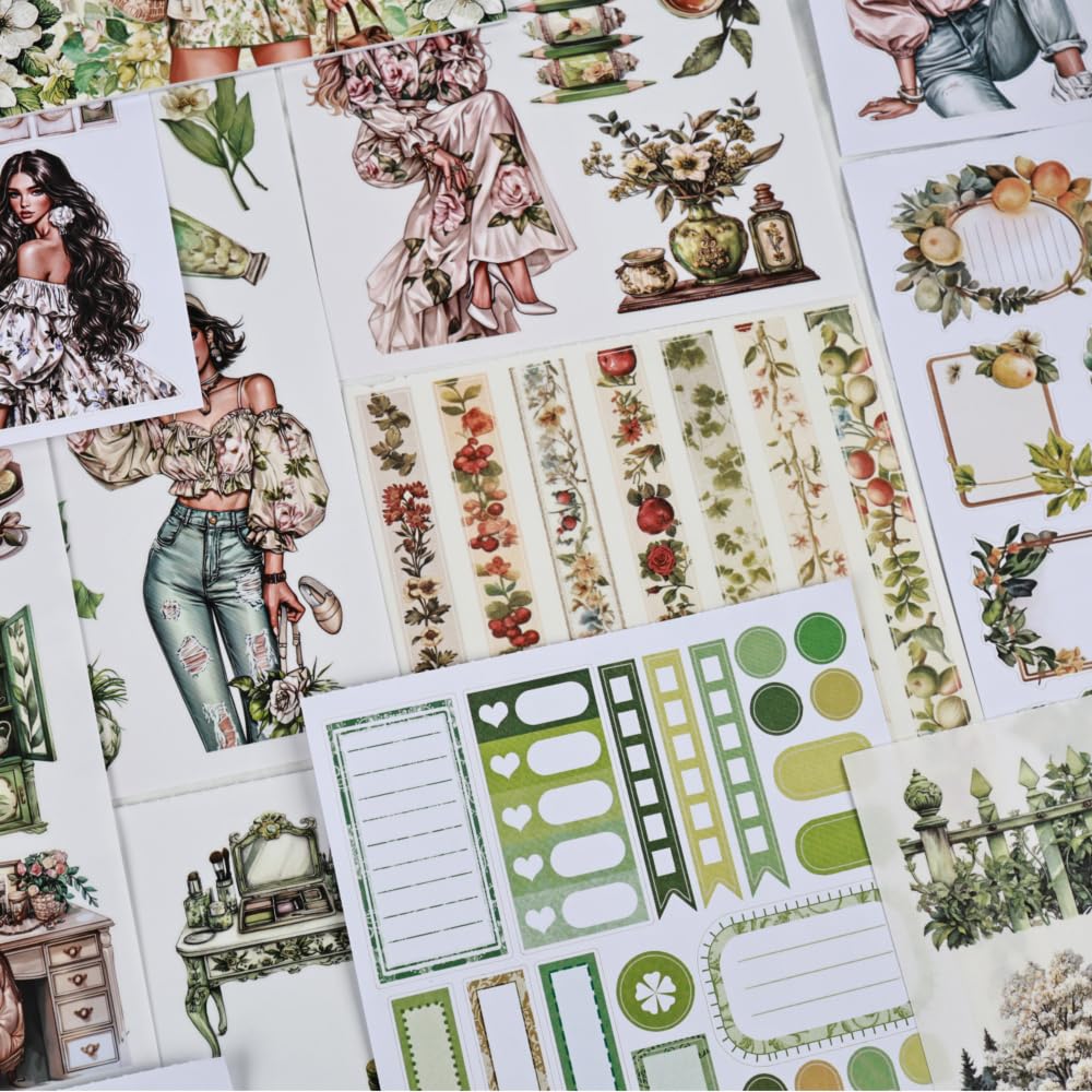 Dwpetzo Fresh Green Scrapbook Sticker Book for Scrapbooking, A5 Size, Assorted PET Washi Paper Materials, 20 Sheets Diecut Journaling Stickers for Adults, Junk Journal Supplies, Collage, Crafts Arts