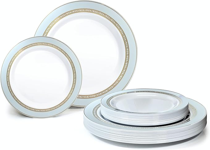 " OCCASIONS " 240 Plates Pack,(120 Guests) Heavyweight Premium Disposable Plastic Plates Set -120 x 10.5'' Dinner + 120 x 7.5'' Salad/Dessert (Ritz Blue and Gold)