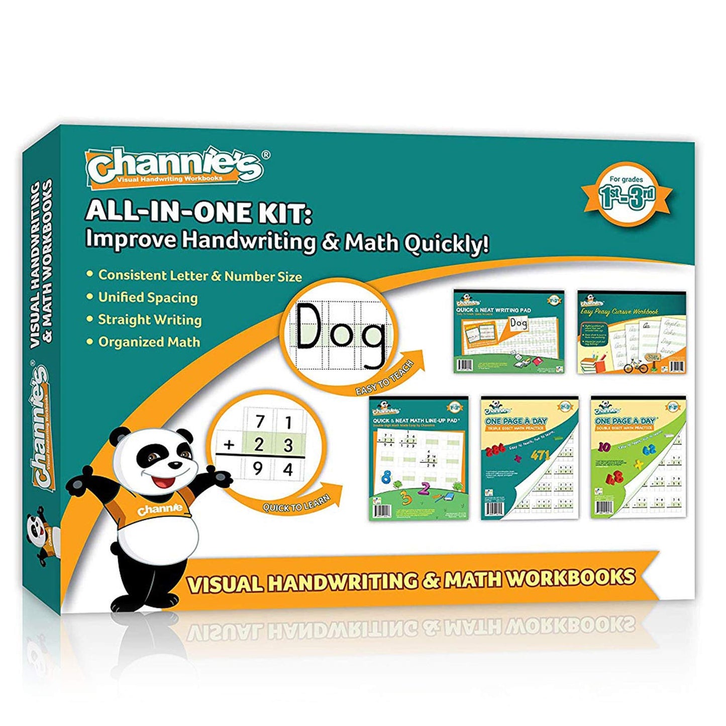 Channie’s All-in-One Kit, with Double & Triple Digit Math Practice Worksheets, Writing Pad, Math Line-Up Pad, Easy Peasy Cursive Handwriting Workbook for Kids, Free ABC Card
