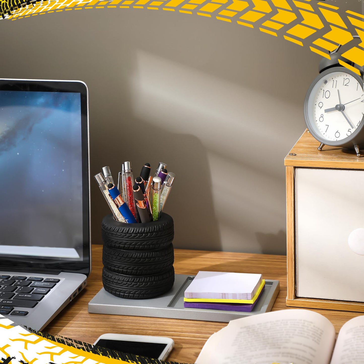 Fullhawl Tire Shaped Pen Holder with Sticky Notes Holder Set Tool Planter Pencil Storage Holder Desk Organizer Home Office Supplies Gift for Mechanics Car Lovers