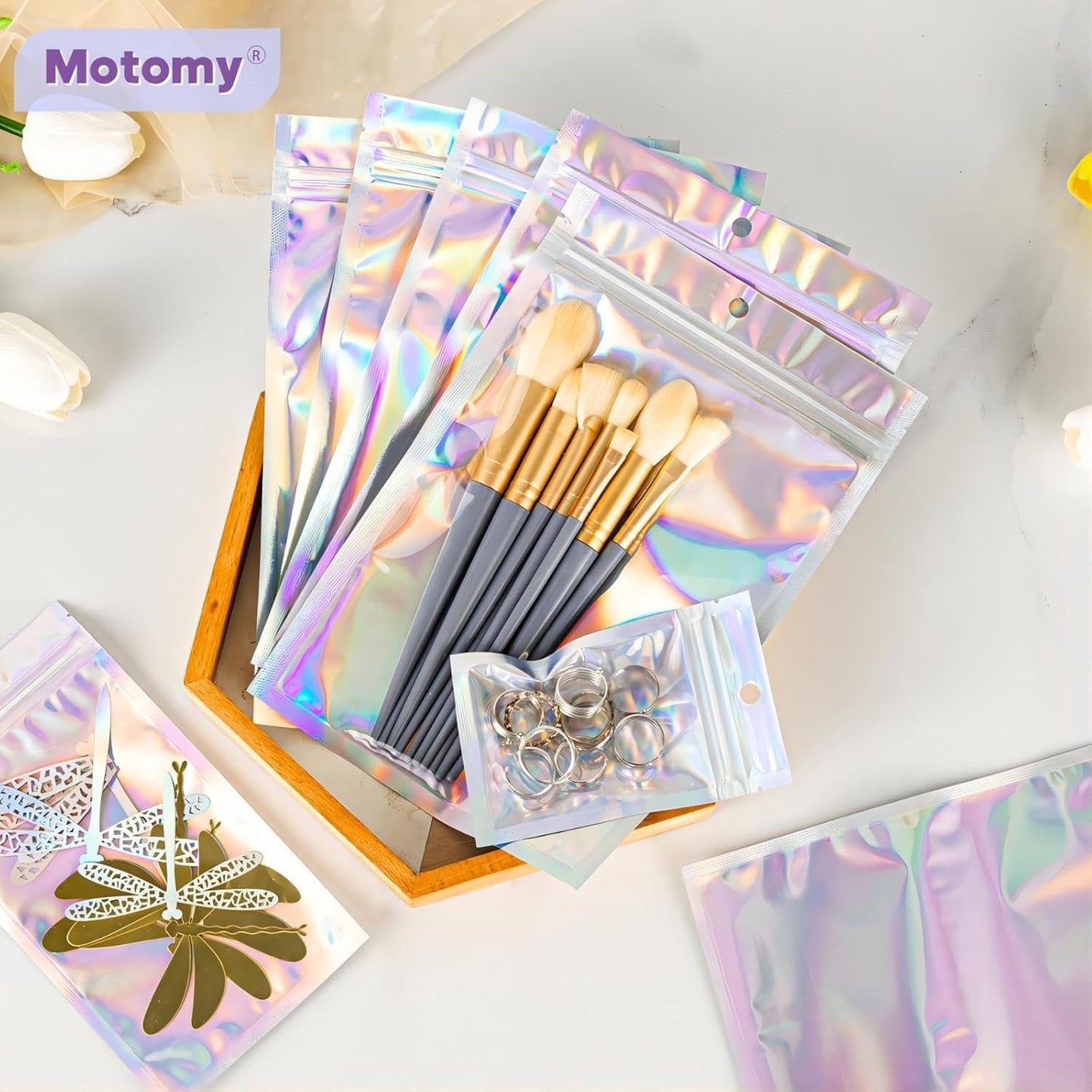 100Pcs Holographic Packaging Bags, 5.9x8.6 inch Resealable Foil Pouch Mylar Sample Bag Great for Small Business and Party