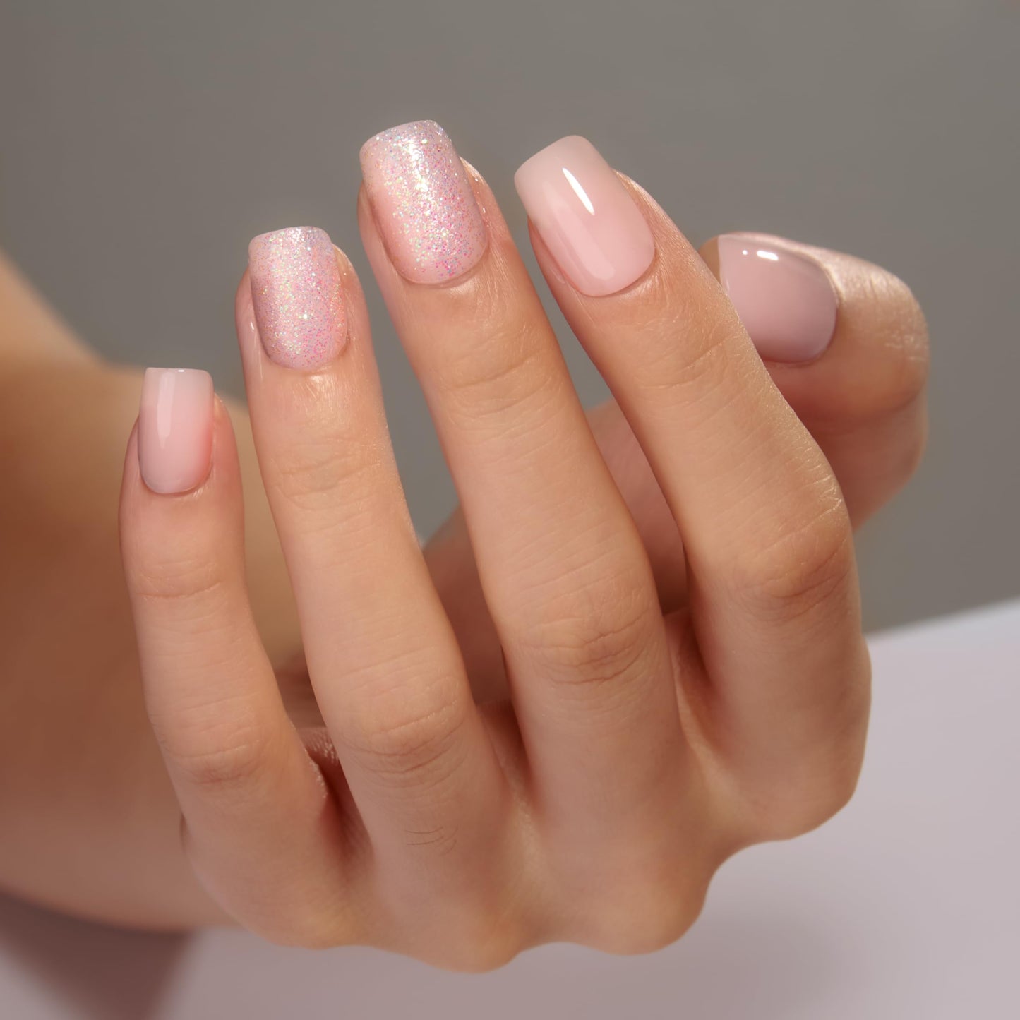 Curvlife Press on Nails Acrylic Fake Nails with Flash white Short Square Design Full Cover False Nails for Women Reusable Nail Kit