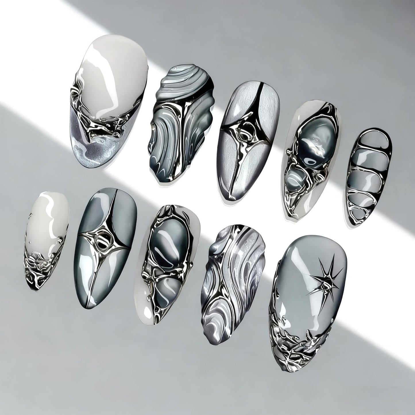 30Pcs Silver French Tip Press on Nails Medium Almond Fake Nails with 3D Beads & Silver Star Irregular Designs Dark Grey Acrylic Nail Tips Gothic Full Cover Glue on for Women DIY Manicure Decorations
