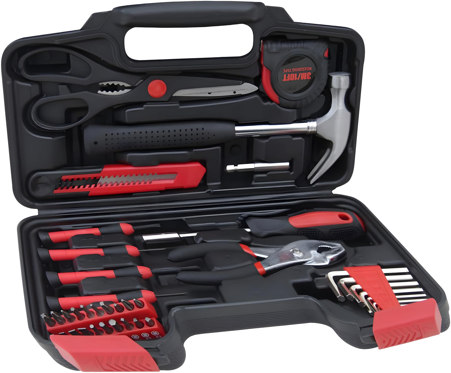 HANTINSTINA 39-Piece Household Tools Kit - Comprehensive and Essential Repair Set Tools for Dorm, Home Use, DIY (39p-red)