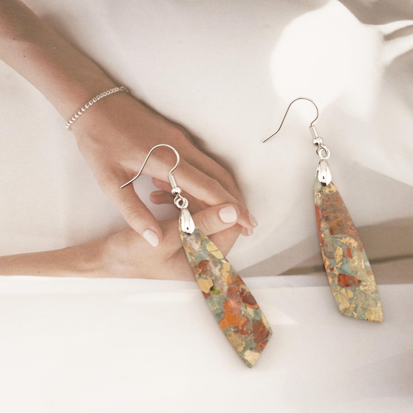 Jasper Stone Earrings for Women Trendy Dangle Earrings Fishhook Drop Earrings (Brown-Silver Hook)