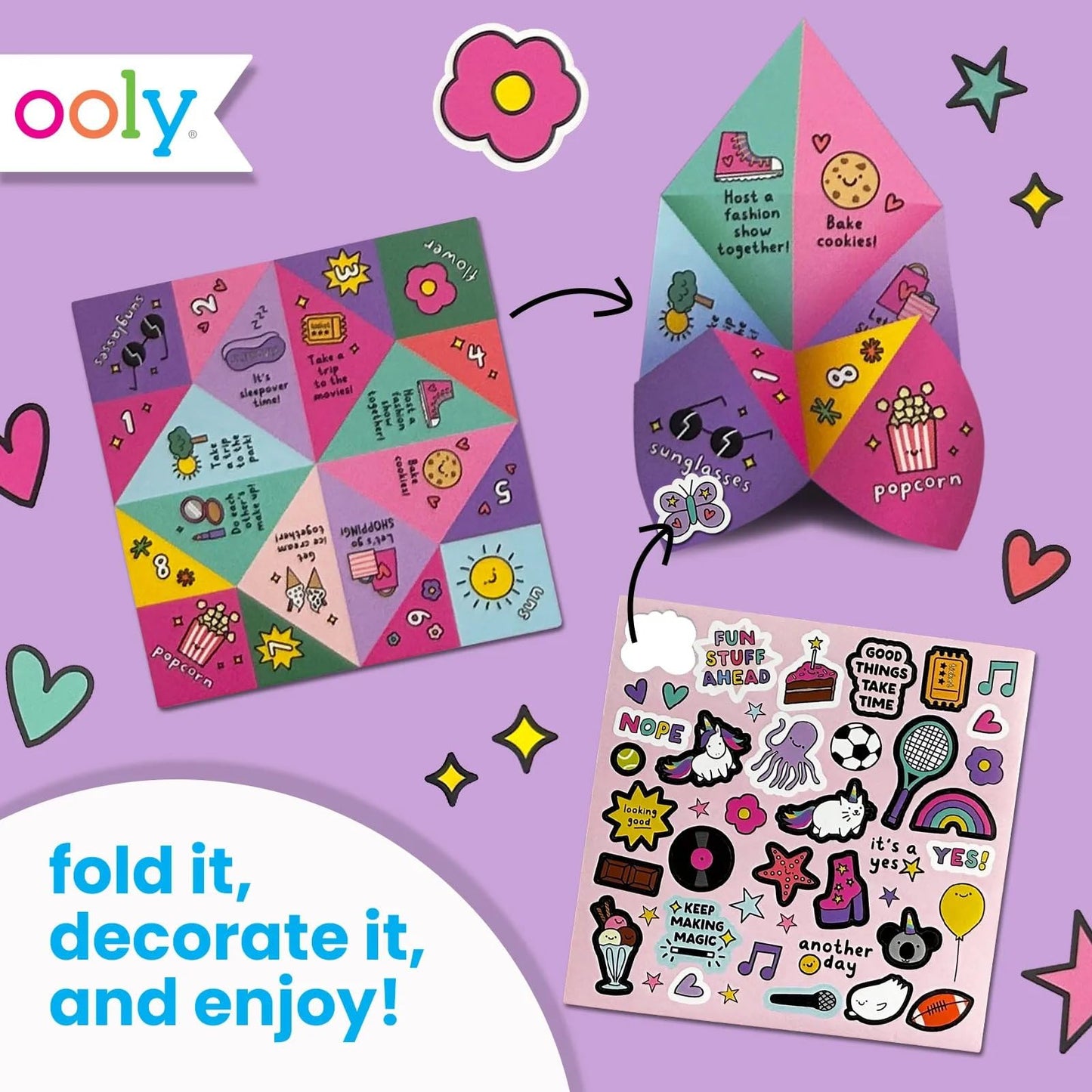Ooly DIY Paper Kit, 24 Fortune Teller Designs & Stickers, Kit Includes 12 Completed, 6 Blank and 6 Color-in Folding Fortune Teller, Activity Gifts for Kids
