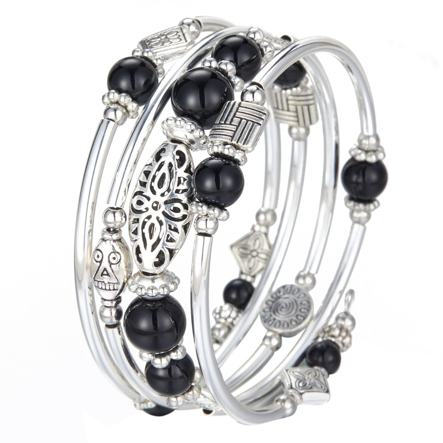 Layered Wrap Bangle Turquoise Bracelet - Bead Bracelet with Natural Agate Stone, Gifts For Women (03-Black)