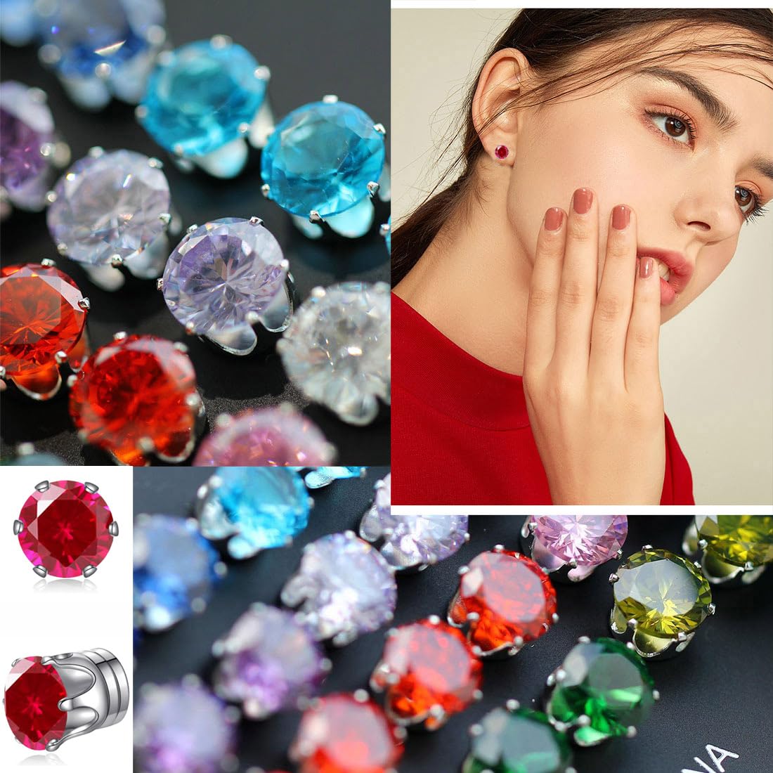 Spiritlele 12 Pairs Hot Pink Cubic Zirconia Magnetic Earrings Clip on Non Piercing Earrings Set Unisex