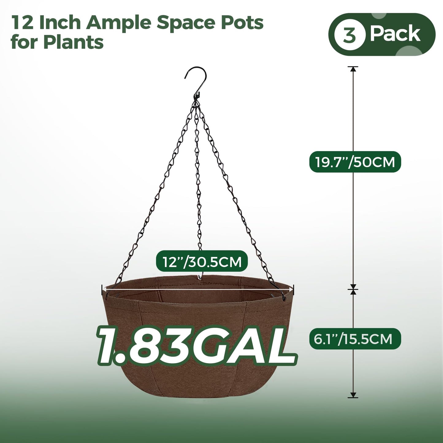 T4U Hanging Planters for Outdoor Plants, 3 Pack 12 Inch Hanging Baskets for Plants Outdoor with Rustproof Chain, Fabric Hanging Pots for Plants, Hanging Planter for Balcony Porch Deco