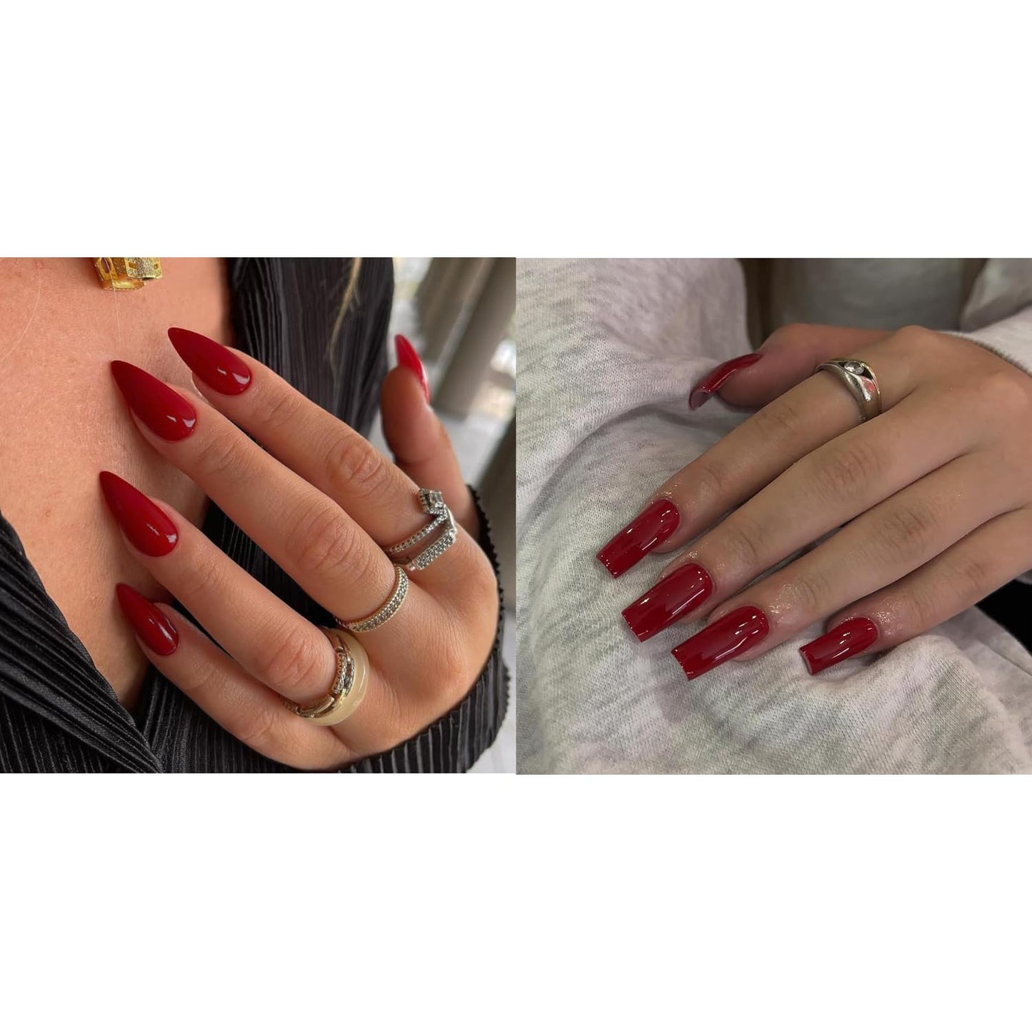 KQueenest Red Press on Nails Medium Almond&Warm Red Press on Nails Medium Long Square For Beach Party Daily Decoration in 48 PCS