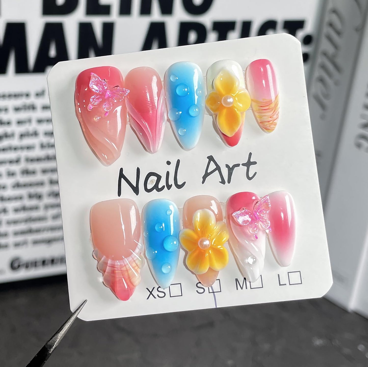 Luxury Press on Nails Medium Almond Handmade 3D Unique Reusable ABS Material Fake Nails Pink&Blue False Nails with Designs Butterfly Yellow Flower Art Petal Glossy Thick Acrylic Nails(S)