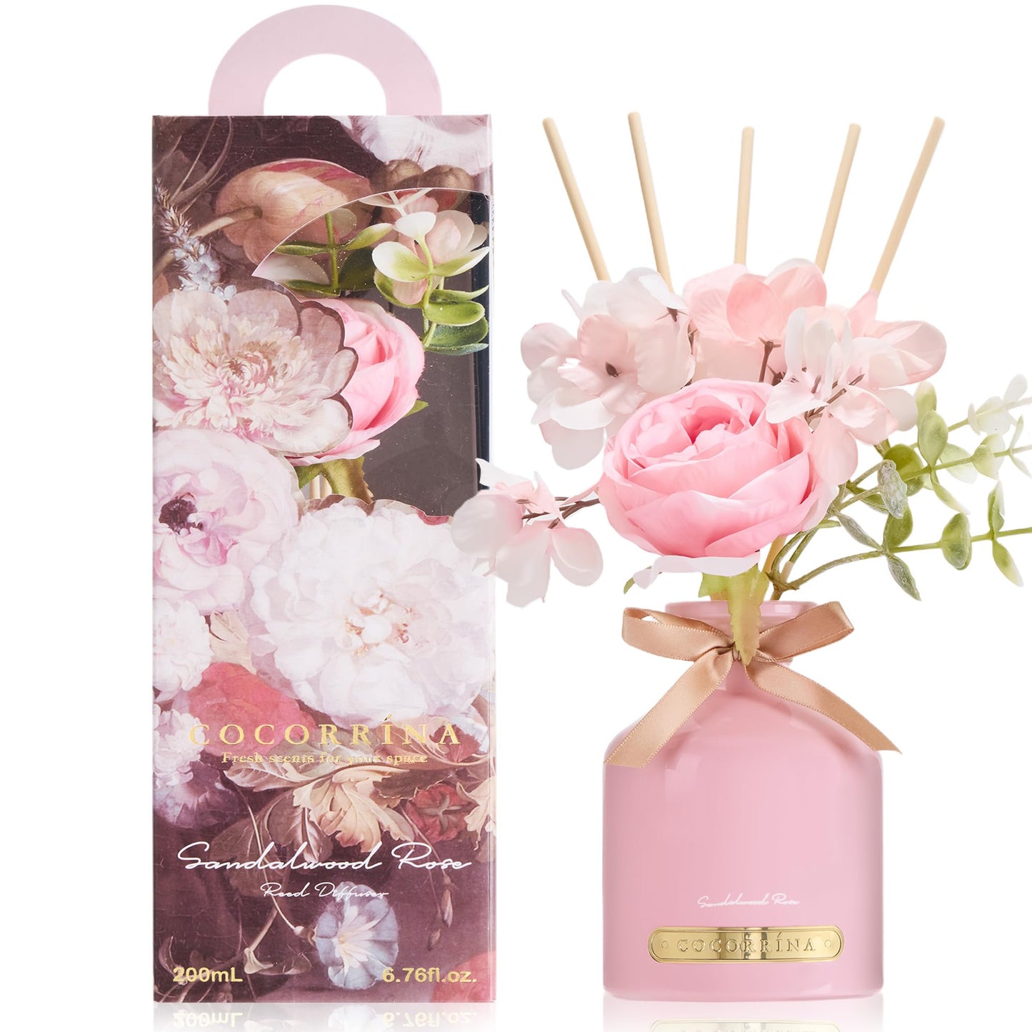 COCORRÍNA Reed Diffuser Set, 6.7oz Flower Reed Diffuser with Sticks, Sandalwood Rose Essential Oil, Long Lasting Home Fragrance for Bathroom, Bedroom & Shelf Decor, Aesthetic Gift for Women