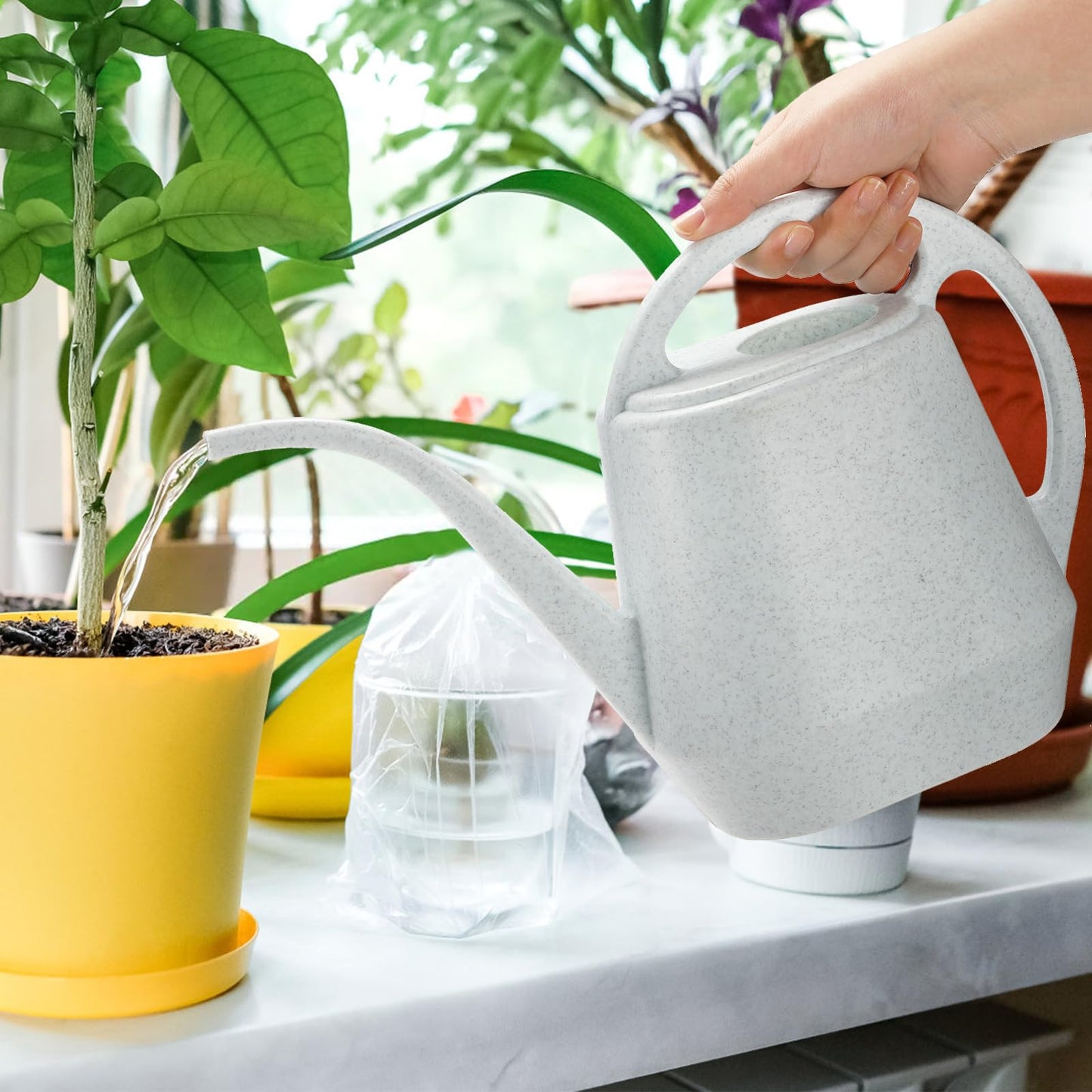 Fasmov Watering Can, 1/2 Gallon Plastic Watering Cans with Comfortable Handle, Small Garden Watering Cans Long Spout for Indoor Outdoor Watering Plants, Gray White