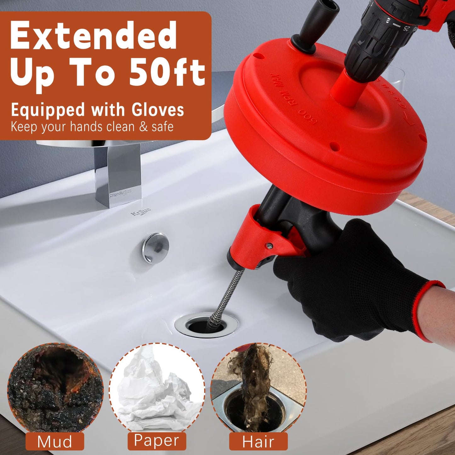 50 FT Double Mode Drain Snake Tools, 11-in-1 Drain Auger for Sink and Drain Unblocking, Plumbing Snake for Kitchen, Bathrom and Shower Sink, Drain Clog Remover for Real DYIs