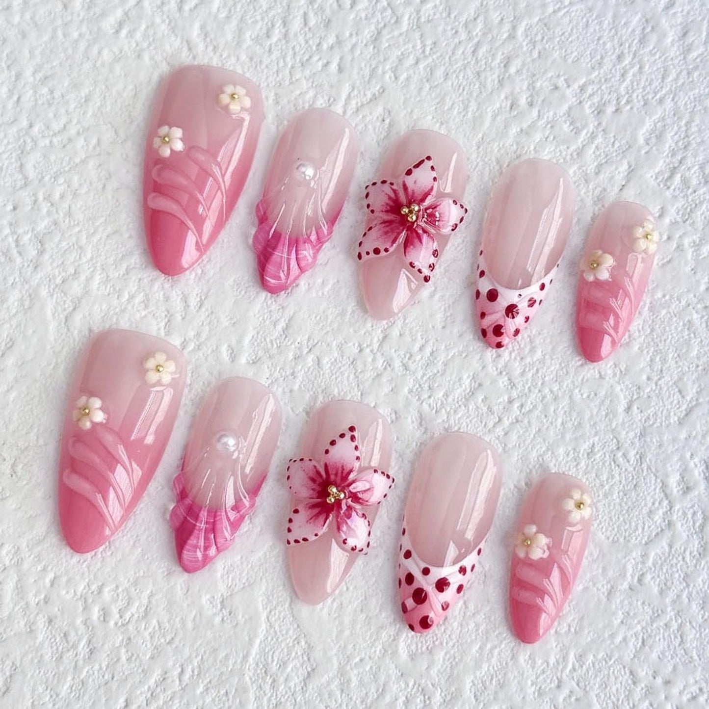 Luxury Press on Nails Medium Almond Handmade 3D Unique Reusable ABS Material Fake Nails Pink False Nails with Designs Floral Art Petal Glossy Glue on Nails Thick Acrylic Nails(S)