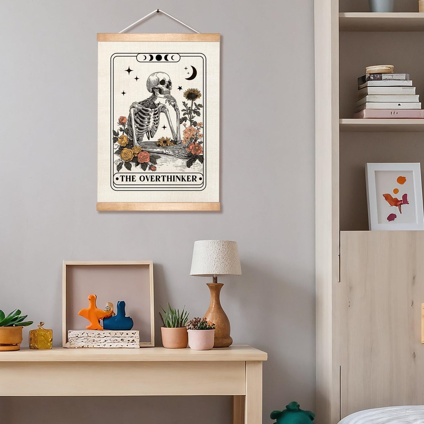 HEYJEEPER The Overthinker Tarot Card Wall Art,Skeleton and Floral for Witch Room Decor,Humorous Wall Hanging Linen Print Poster for Bedroom,Library, Study room 14x18inch(The Overthinker)