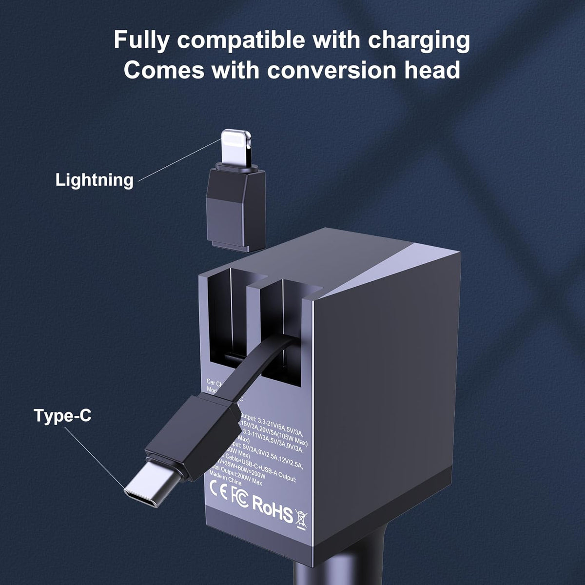 Aftertop 200W Retractable Car Charger, 3-in-1 Independent Fast Charging, 2.3ft 105W Retractable Cable, Power Display USB C Car Charger for MacBook Pro, iPhone 16 15, Galaxy S25 S24 Ultra etc