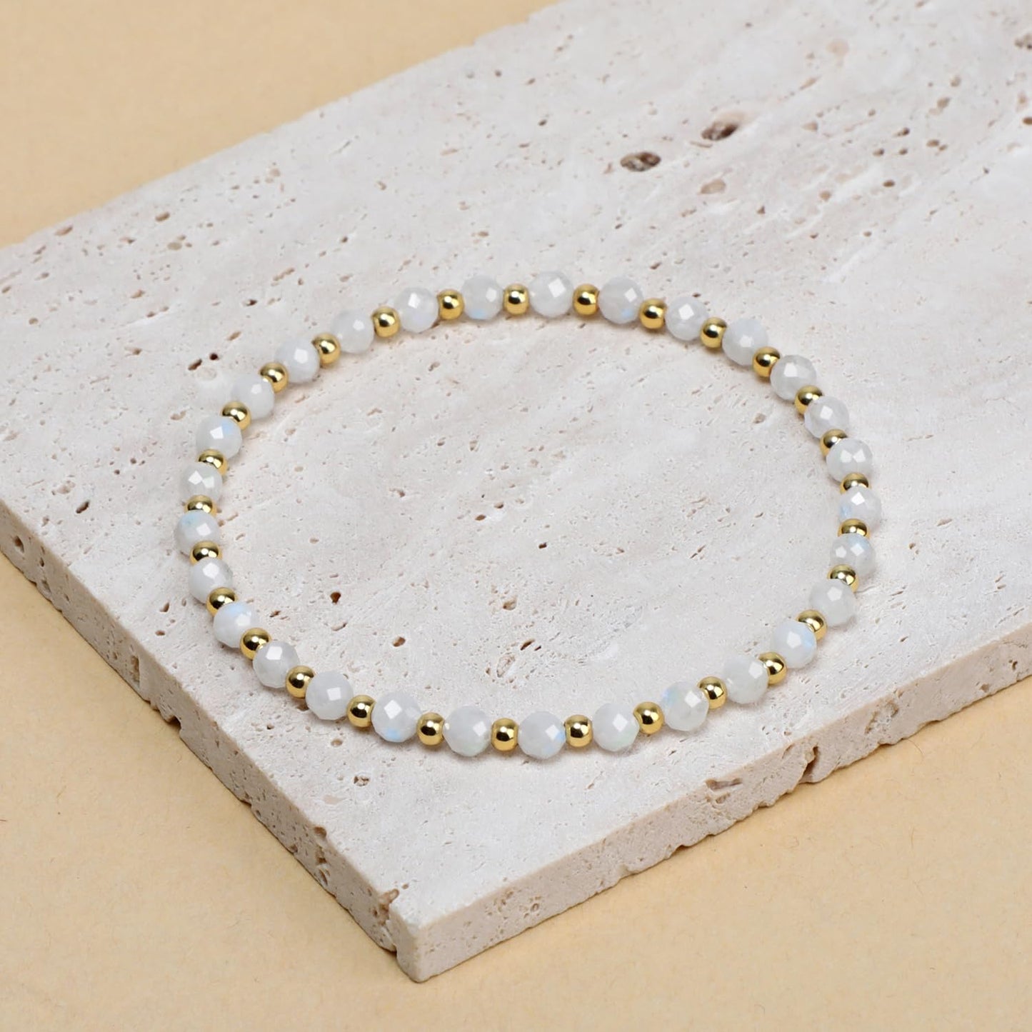 QOGIR Moonstone - New Beginnings - 14K Gold Plated Beads Natural Gemstone Stretch Elastic Dainty Healing Beaded Bracelets Gifts 4mm