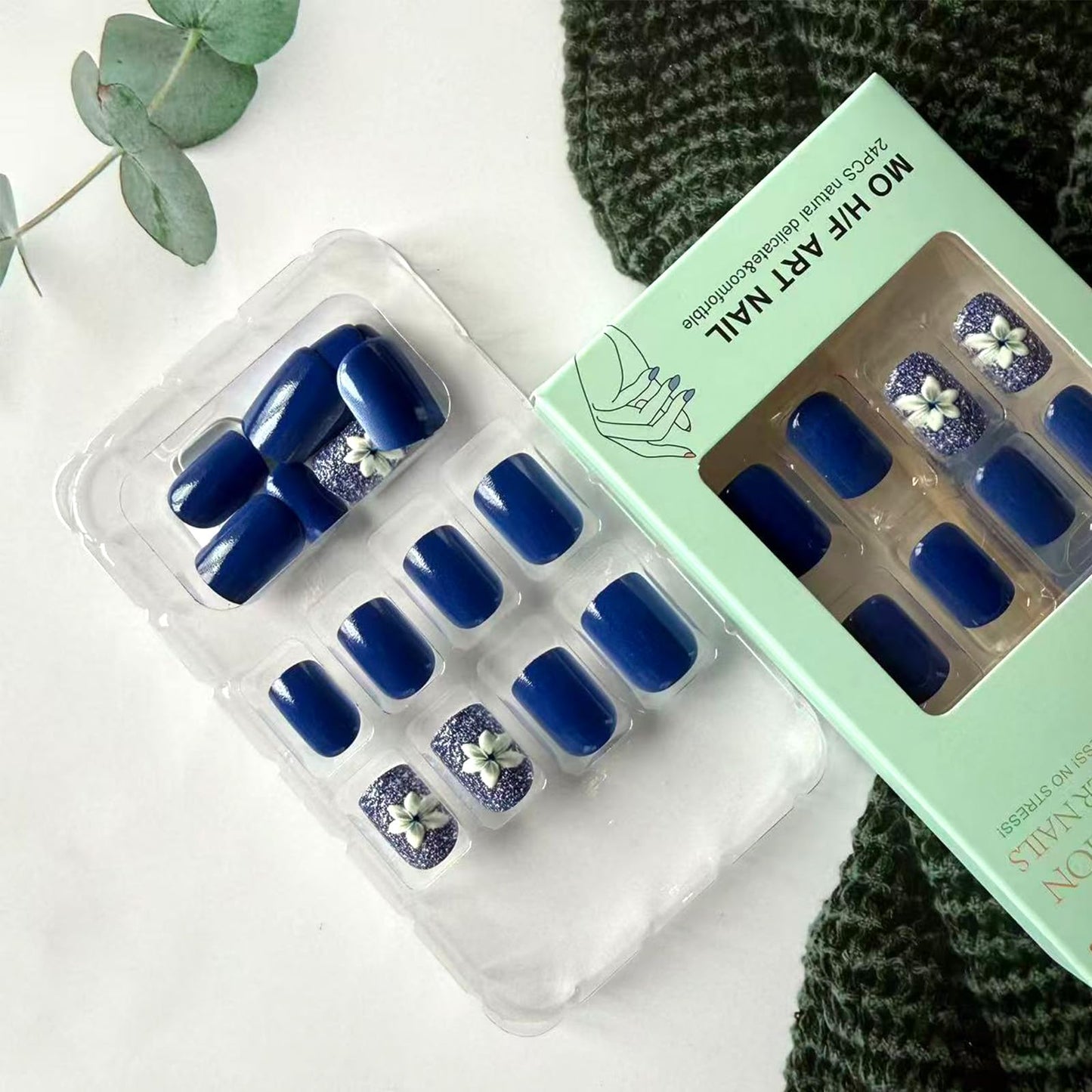 Navy Blue Press on Nails with 3D Flower Designs Short Square Fake Nails 24Pcs White Floral Press on False Nails Glossy Artificial Glue on Nail Reusable Stick on Fingernails for Women