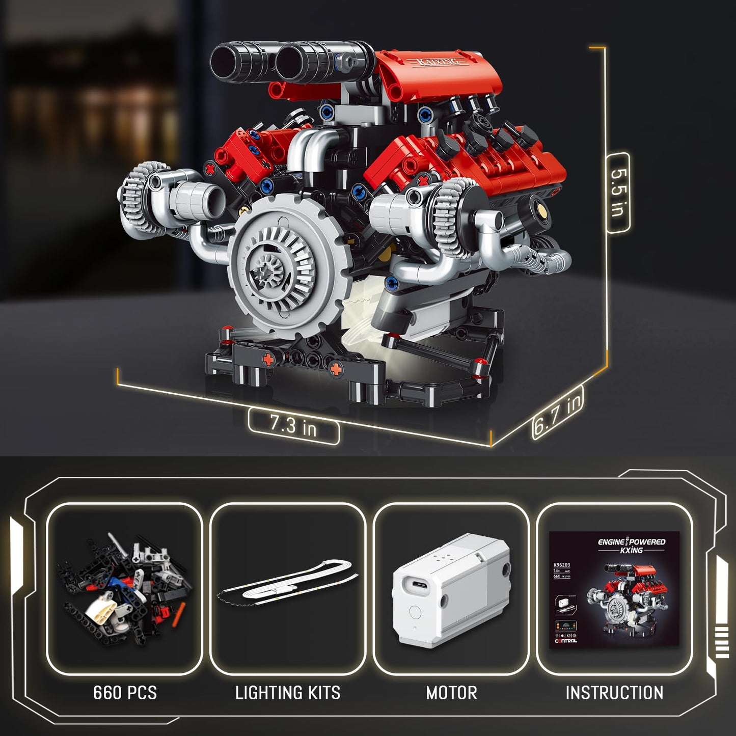 OWNONE 1 V8 Engine Model Kit that Work - 8-Cylinder Visible Engine Building Blocks Set with Motor, LED Light & APP Control - Build Your Own Engineering Kit, STEM Project for Adults & Kids (660 PCS)