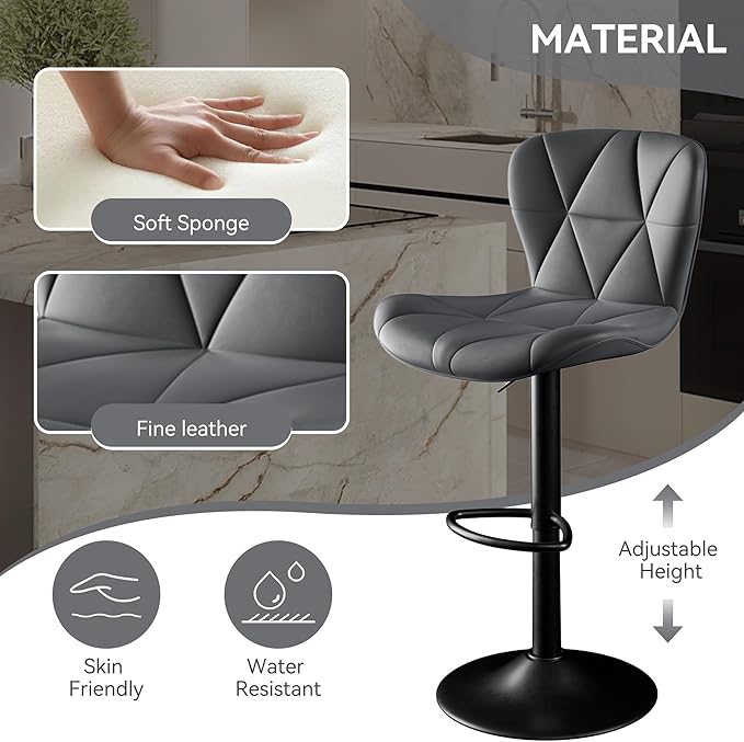 Bar Stools Set of 2, Adjustable Swivel Barstools,Counter Height Barstools with Backs Faux Leather Kitchen Island Bar Chair,Dark Grey