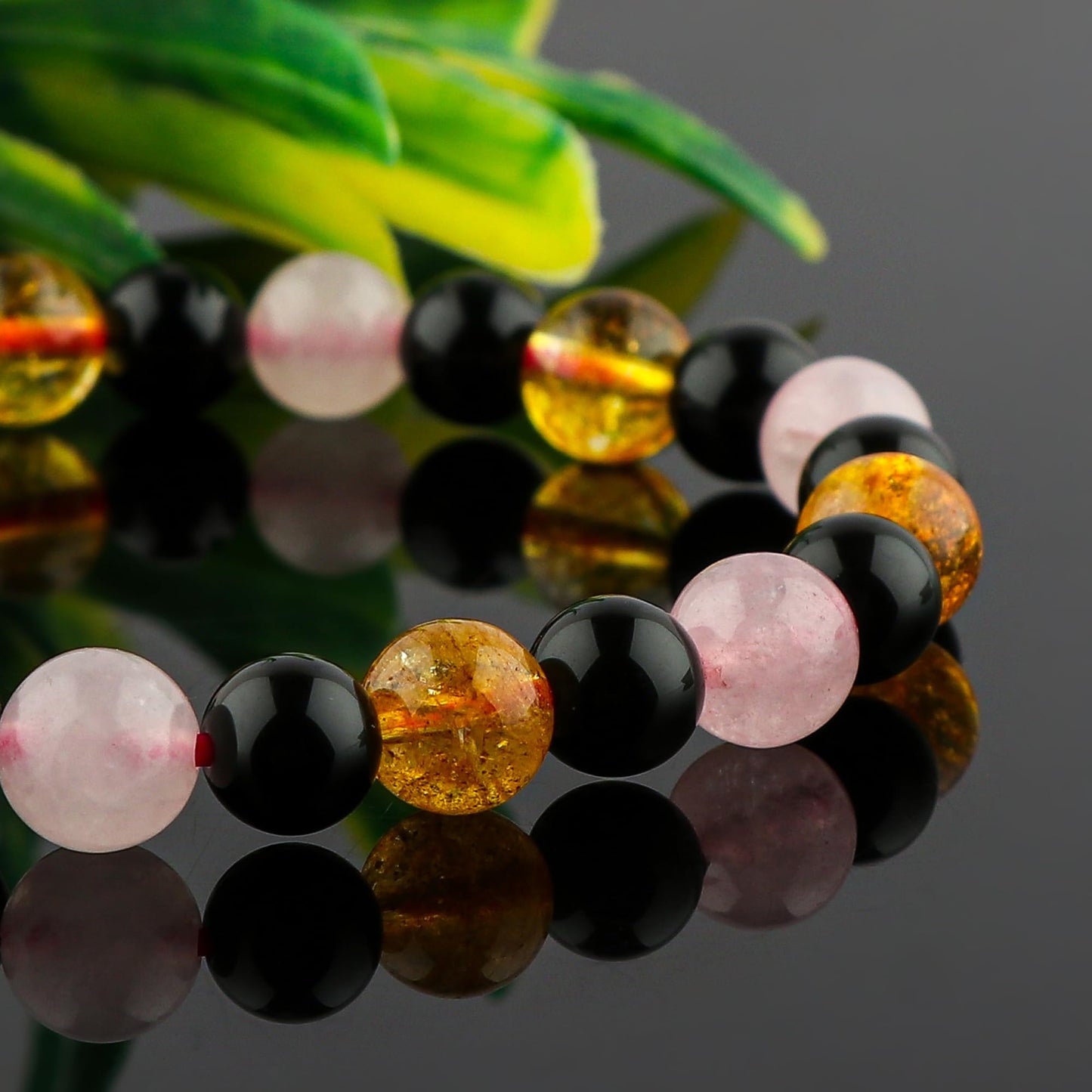 CRYSTALINES Triple Crystal Ultimate Money Bracelet, Rose Quartz - Citrine - Black Obsidian Stretchable Bracelet, Motivational Inspirational Health Chakra Healing Stretch Elastic Bracelets