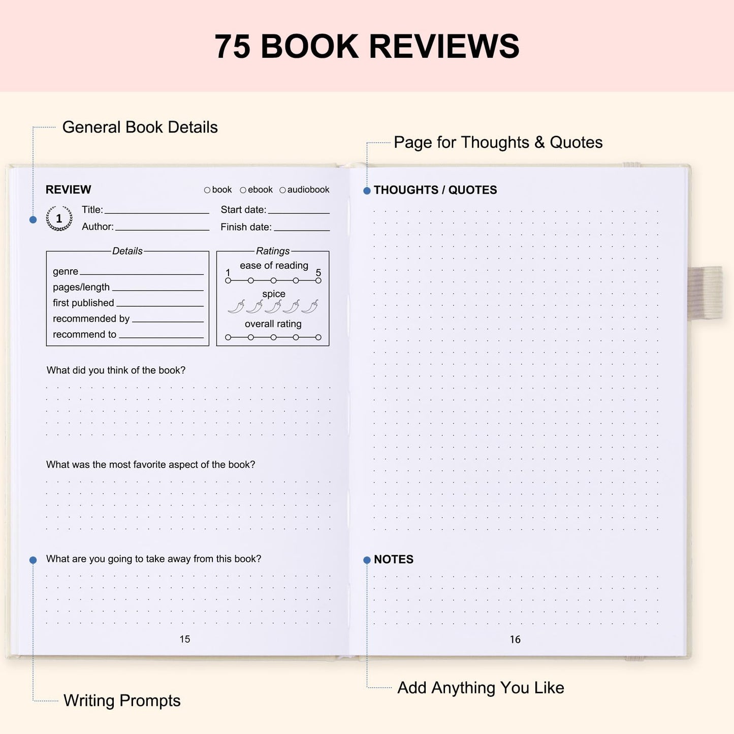 Comkiso Reading Journal for Book Lovers - 75 Book Journal Reading Log for Book Tracking, A5 Linen Book Review Journal with TBR Tracker List, Ratings, Challenges, Prompts, and Index - Beige