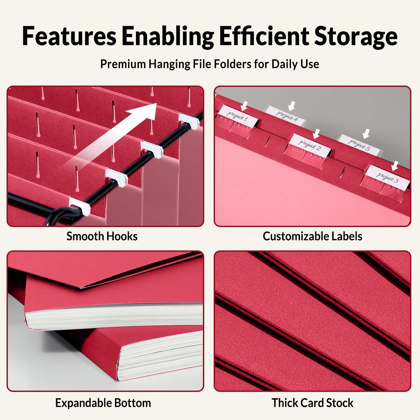 SUNEE Hanging File Folders, 25 Pack Letter Size Hanging File Folders with 1/5-Cut Tabs, Ideal for Home and Office Organization and Papers Classification,Red