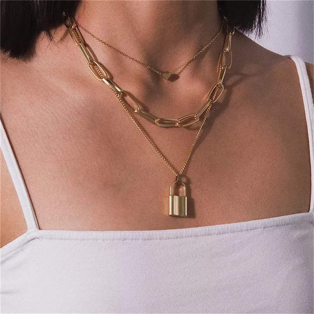 Turandoss Layered Lock Necklace for Women, Layered Heart Lock Necklace for Women Layering Link Chain Necklaces