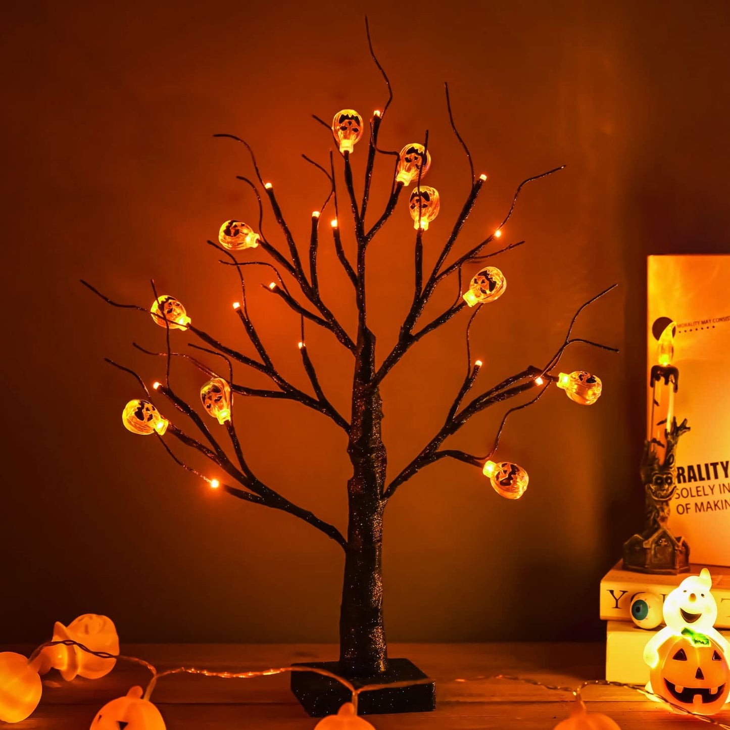 ZHOUDUIDUI 2Pack Halloween Tree, Black Spooky Tree with 24LED Orange Lights and 10 Pumpkin Ornaments Battery Powered 18IN Lighted Halloween Bonsai Tree for Indoor Tabletop Halloween Party Decoration