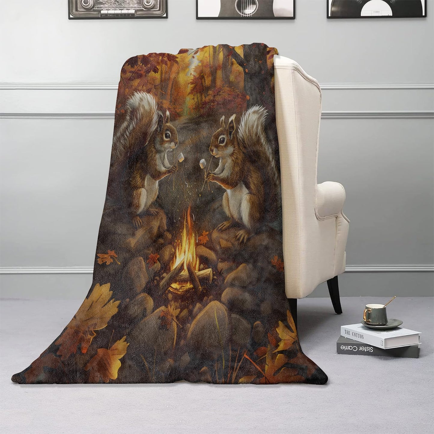 Kibue Camping Squirrel Blanket Warm & Cozy Flannel Throw Blanket - Soft Plush Lightweight Blankets for Travel, Sofa, Bedroom, Office, Home Decor for Adults Kids Women 60"×50"