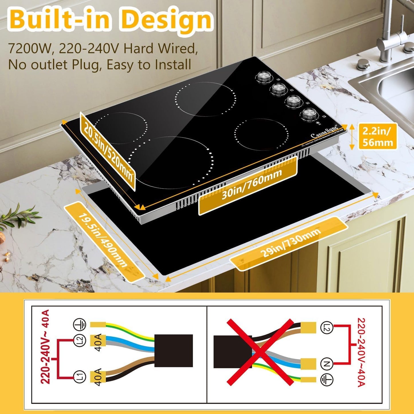 Cusinesync 30 Inch Built-In Electric Ceramic Glass Cooktop, 4 Burners, 7200W Total Power, Knob Control, Compatible with Flat-Bottom Cookware, 220-240V Hardwired