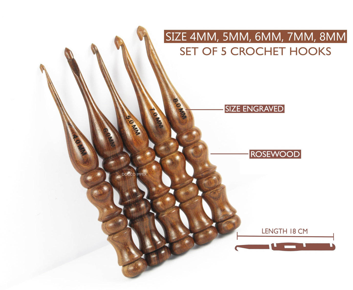 Wooden Crochet Hooks Set Rosewood Needles for Knitting & Crocheting Size 4mm to 8mm Ergonomic Soft and Comfortable Grip Handle “Yarn Accesories (Set of 5)