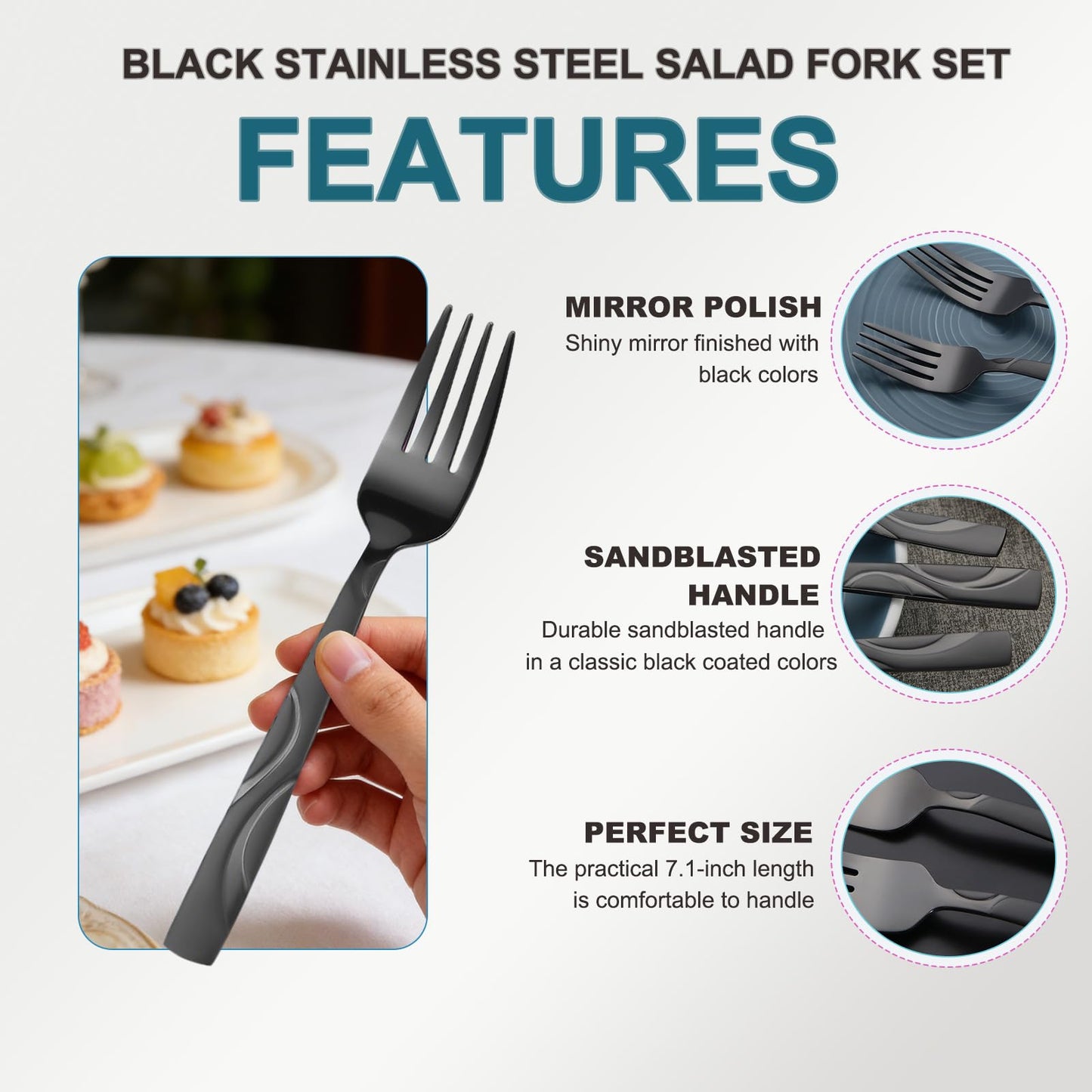 FONGDANLAITE 12 Piece Stainless Steel Black Salad Fork Set, 7.1 Inch Dessert Forks with Unique Satin Finished Handle Design - Dishwasher Safe