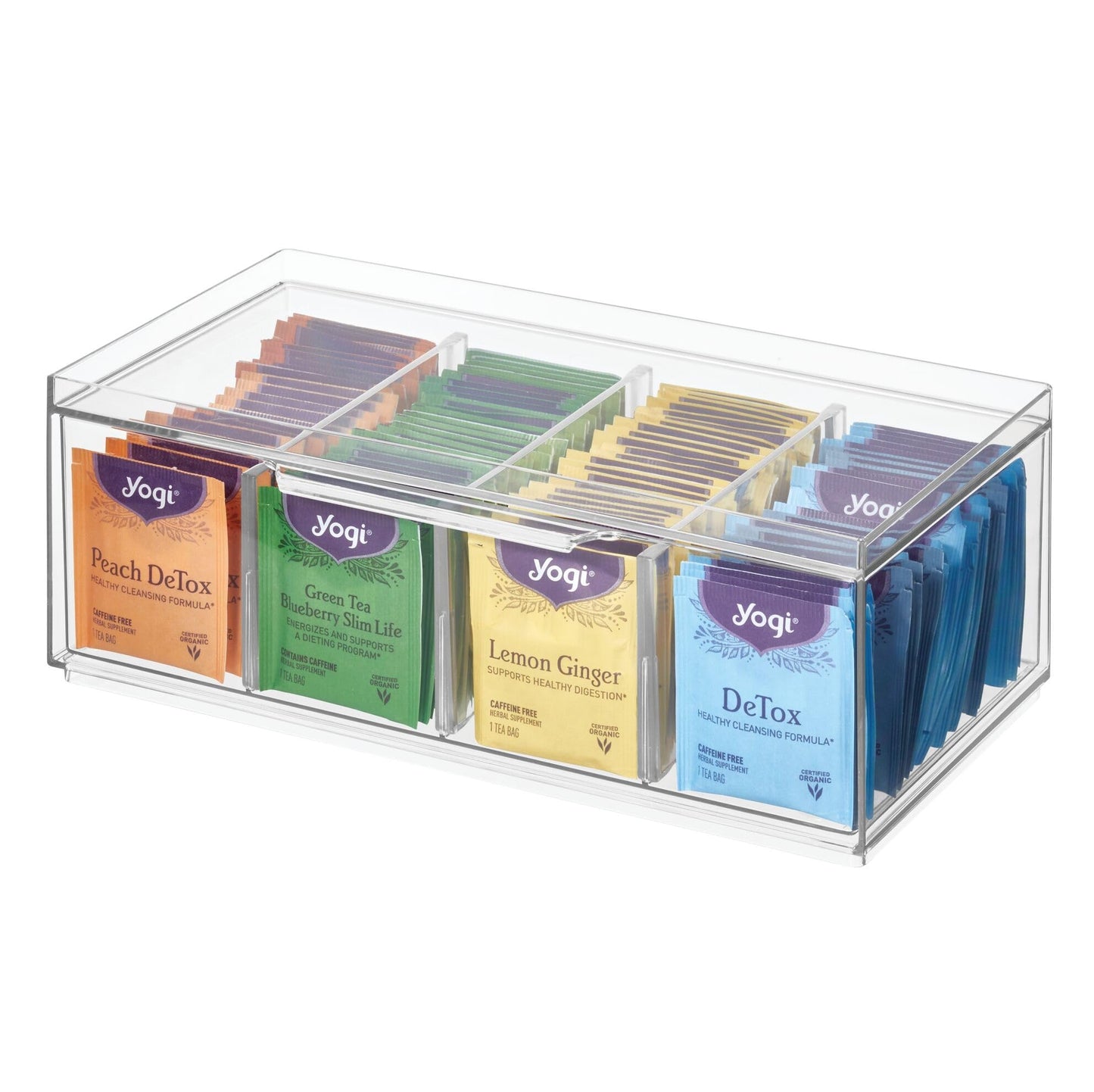iDesign XL Tea Bag Organizer for Counter, 4-Section Clear Stackable Tea Storage Drawer for Cabinet