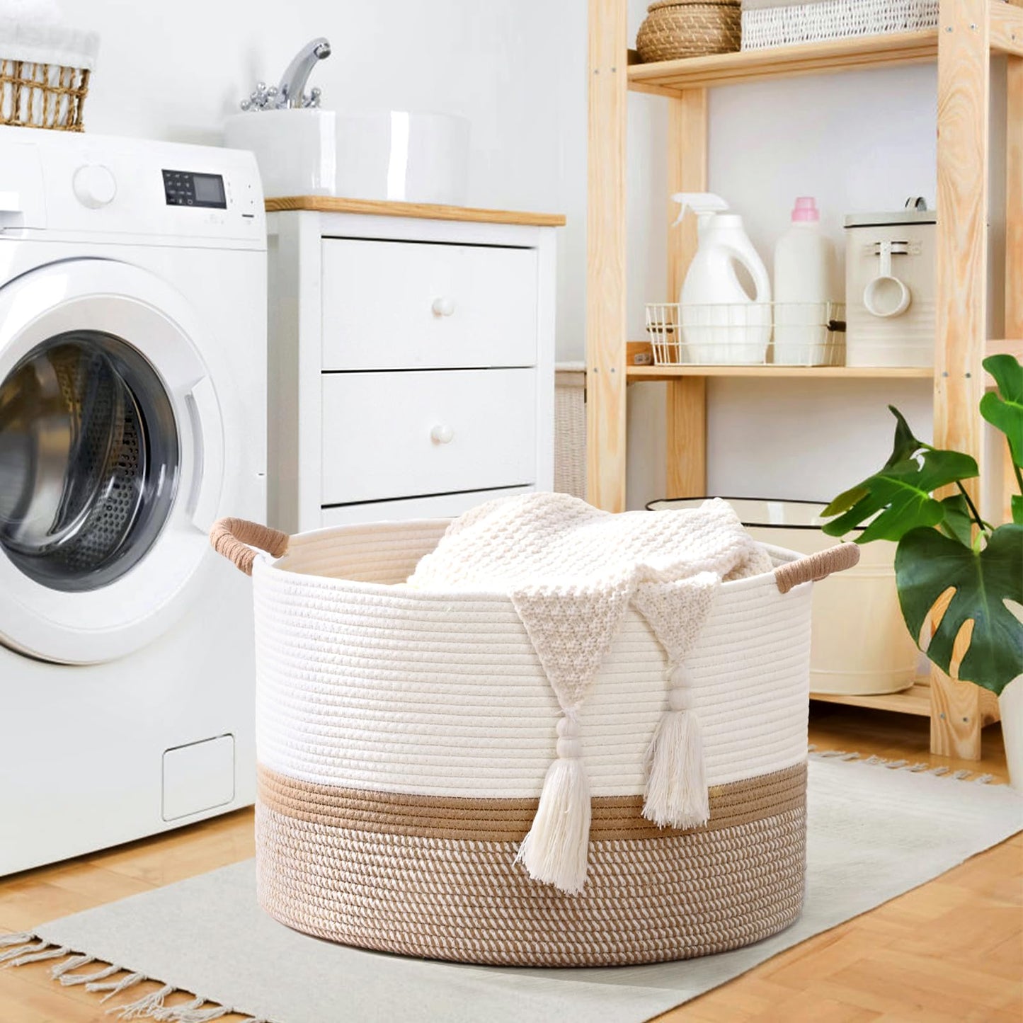 Degeyoyo 67L Large Blanket Basket, 20"x13" Woven Storage Baskets With Handle, Cotton Rope Blanket Basket Living Room, Baby Laundry hamper for Blanket, Nursery, Toy, Pillow (White & Brown)