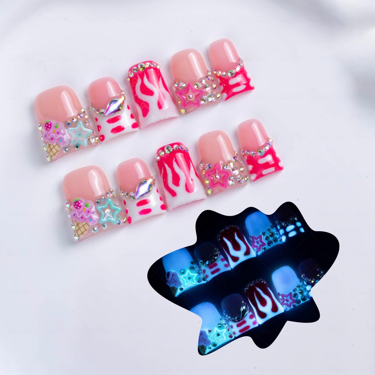 IntoVibes 10 Pieces Luxury Acrylic Press On Nails Short Handmade Duck Nails, Pink Thickened False French Nails, Flame And Rhinestone, Reusable Fake Nails, Glow-in-the-dark Nails (L)