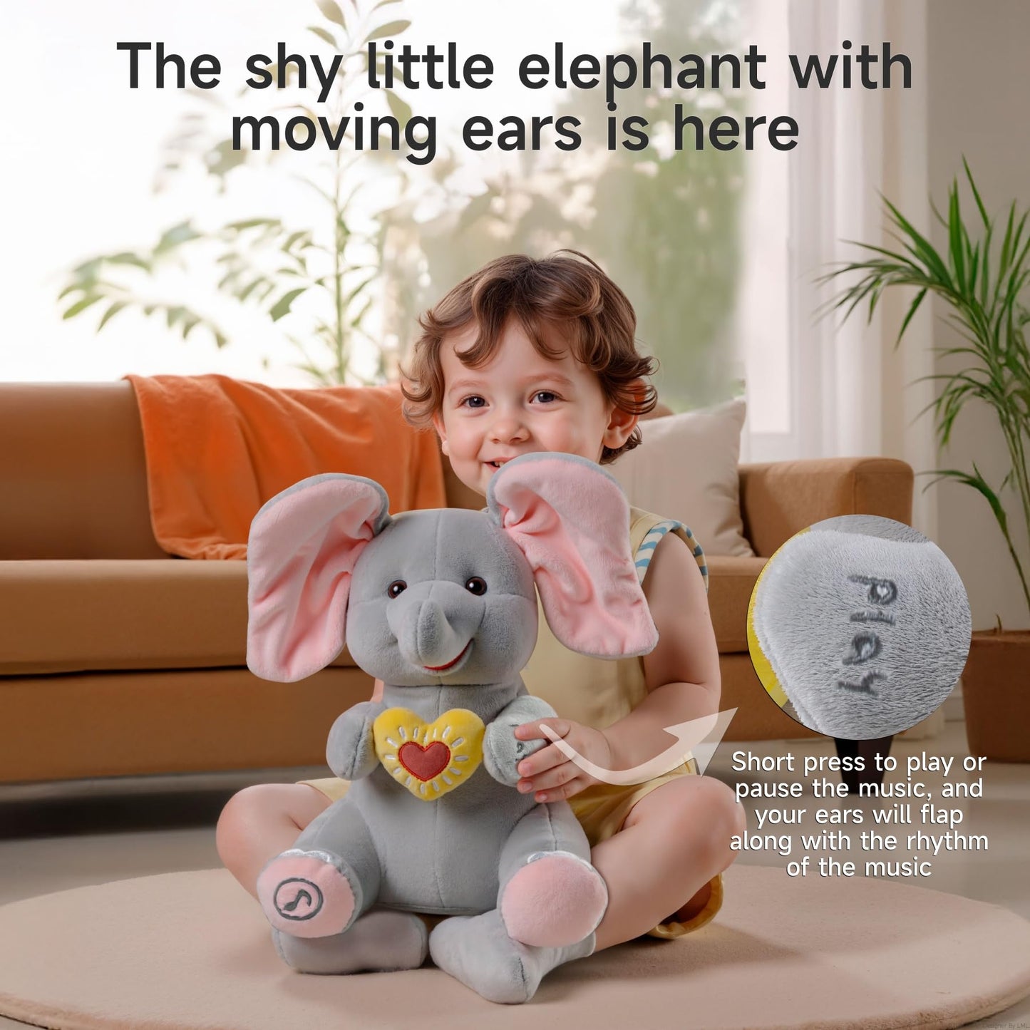 eJog Pup Peek a Boo Elephant Toy, Interactive Singing Plush Elephant Toy with Flapping Ears and Hearts, Musical Stuffed Animal for Babies and Toddlers
