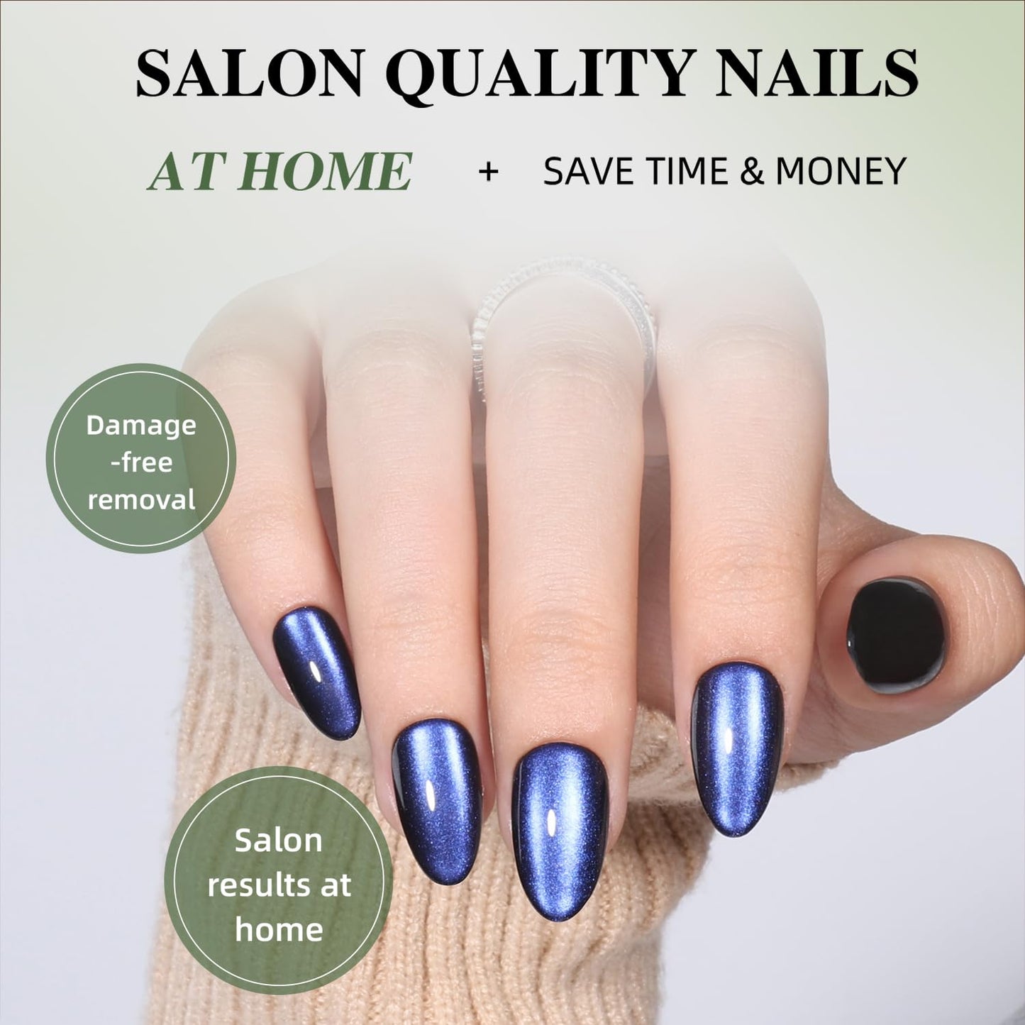 Blue Cat Eye Press On Nails Almond - Dark Blue Short Almond Fake Nails, Cateye Press On Nails Reusable Stick On Nails in 16 Sizes, 32pcs False Nail Kit for Women & Girls (Deep Ocean)