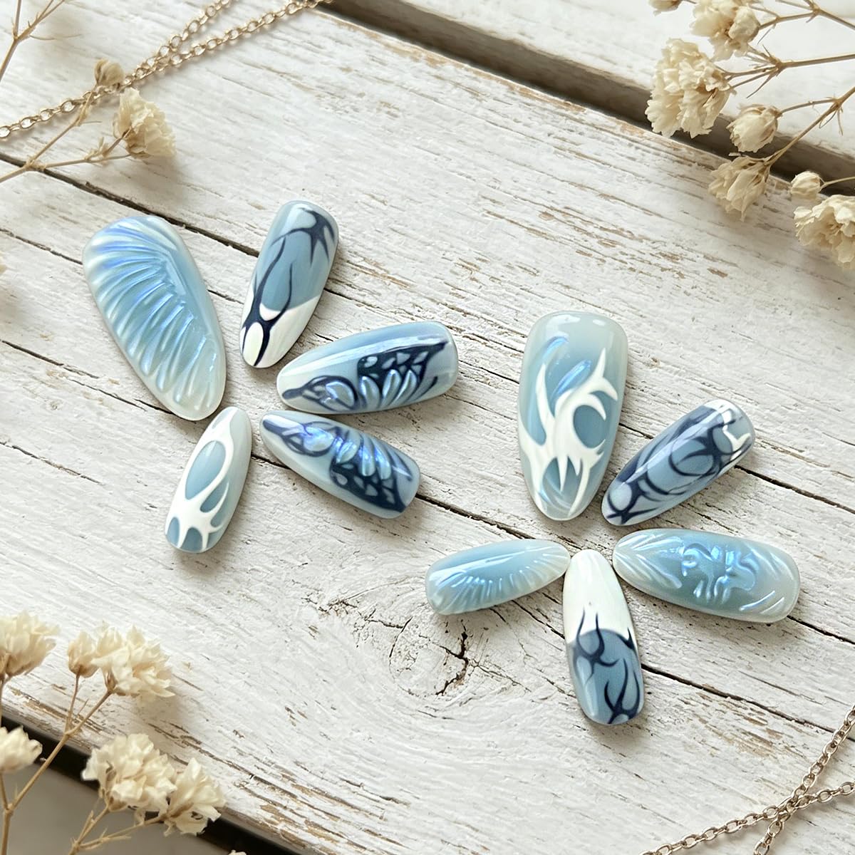3D Press On Nails Almond Medium Light Blue Fake Nails with Embossed Butterfly Wings Flower French Designs, Acrylic Artificial Nail Press ons False Stick On Nails for Women Girls 30Pcs