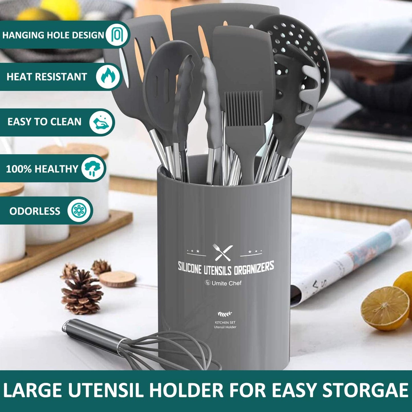 Stainless Steel Kitchen Cooking Utensil Set, Umite Chef 15 pcs Cooking Utensils - Nonstick Kitchen Utensils Cookware Set Spatula Set -Kitchen Gadgets Utensils Set, Kitchen Tools Gift (Gray)