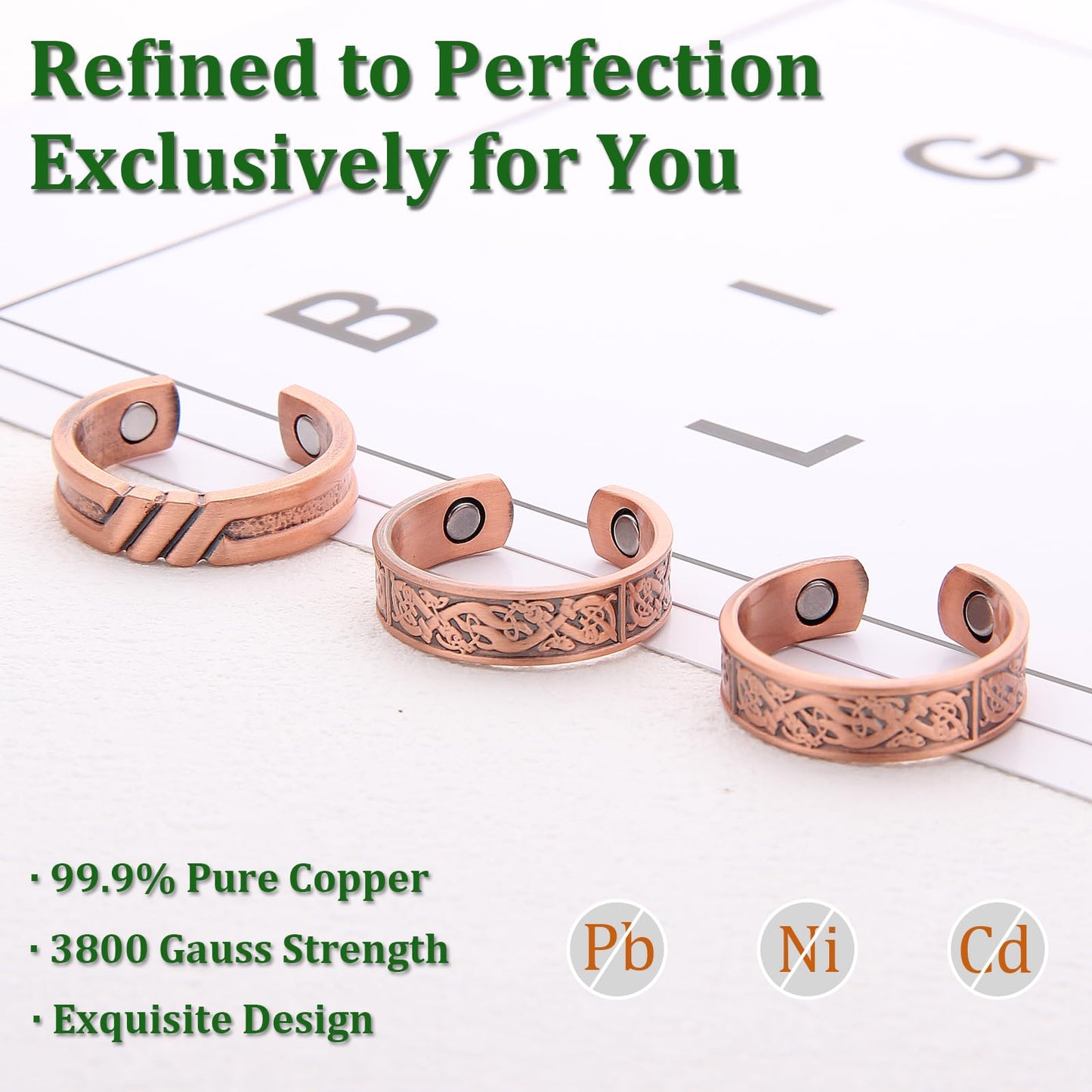 Fashtour 3 Copper Rings for Men, 99.99% Solid Pure Copper, 3pcs 3500 Gauss #9 Rings Vintage Pattern Adjustable Cuff Ring