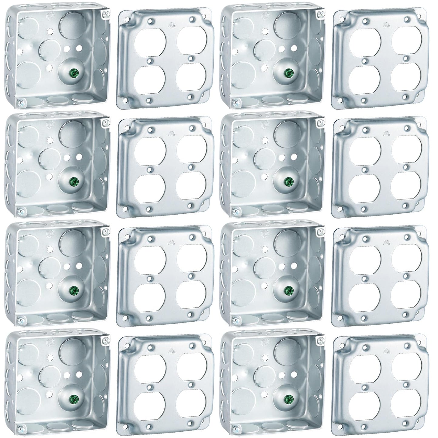 Copkim 8 Set 4 × 4" Electrical Junction Box with Cover Electrical Metal Outlet Box, 21.0 Cu. in. Capacity Receptacle Exposed Work Cover, 1-1/2'' Deep (Double Duplex Receptacle)