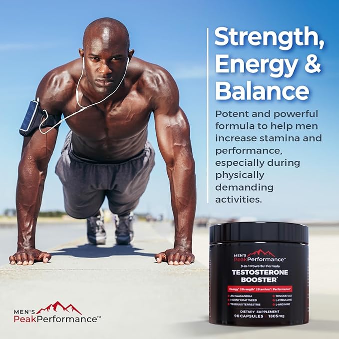 MEN'S PeakPerformance - Testosterone Booster Supplement for Men - Boost Stamina, Muscle Growth, Energy, Strength, Endurance & Drive - Ashwagandha, Tribulus, L-Arginine, Tongkat Ali- 90 Capsules